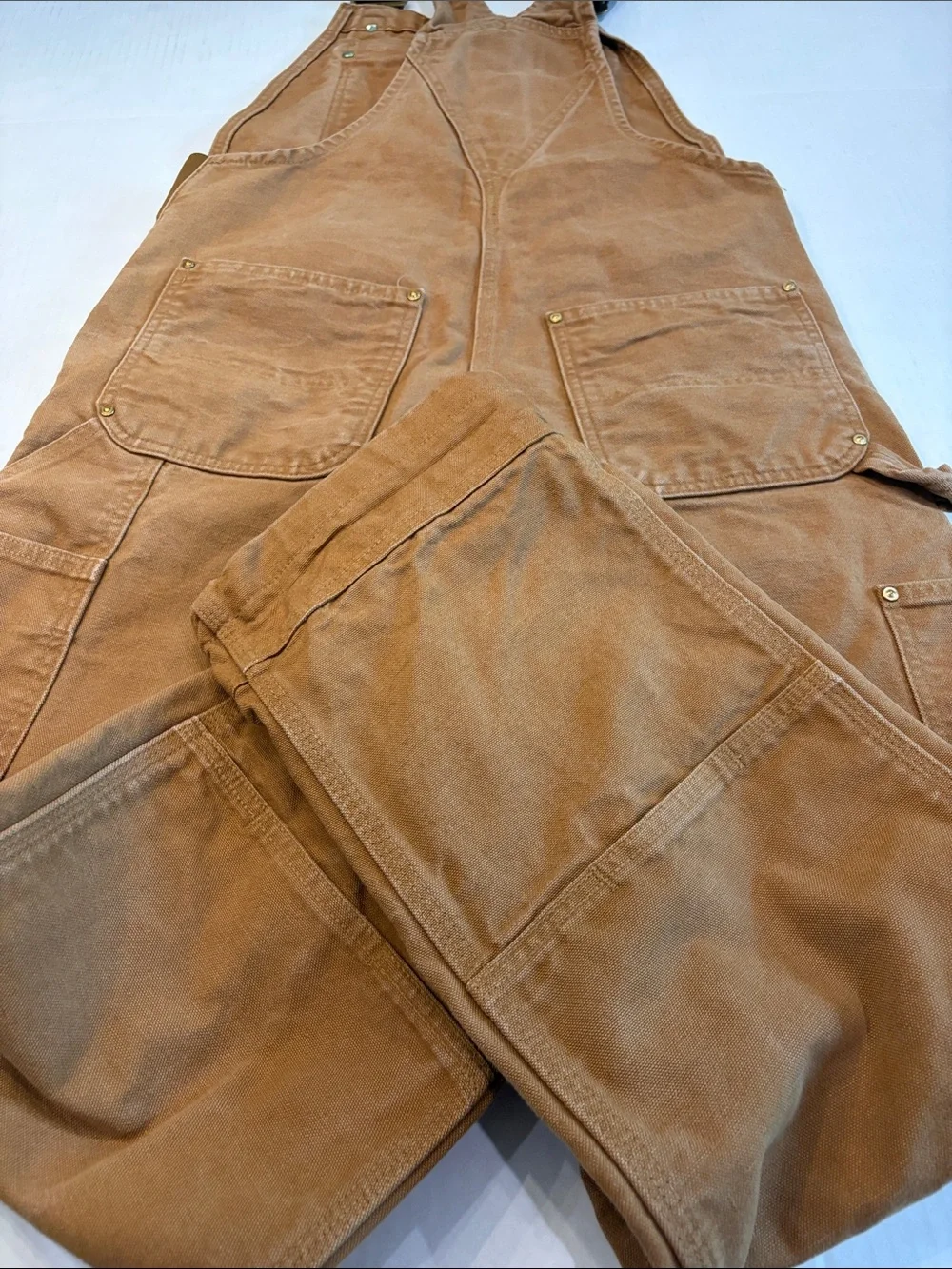 Carhartt Tan Duck Canvas Overalls with Dark Brown Straps